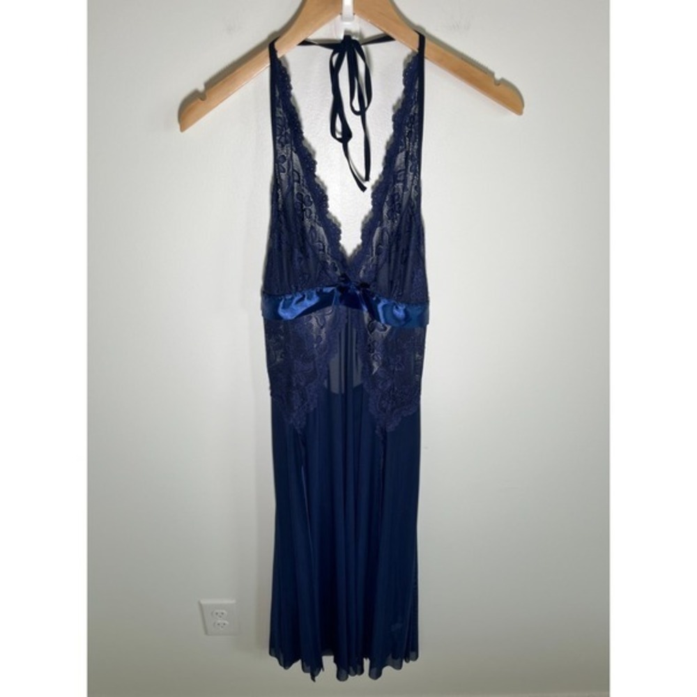 Babydoll Festival Dark Fairy Witchy Maxi Women Dress Blue L Sheer Mesh Lace Slit